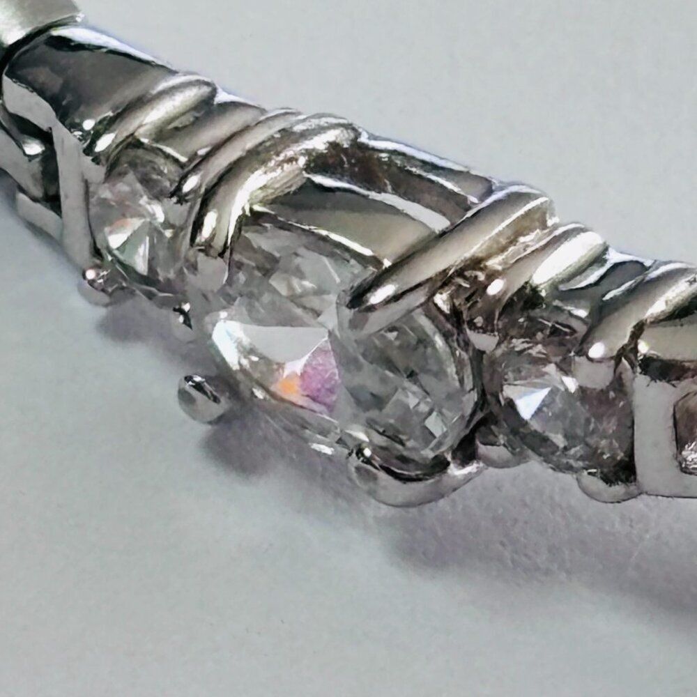 Silver Tone Oval & Round CZ Link Bracelet 7” Box Clasp Sparkle - Picture 7 of 13